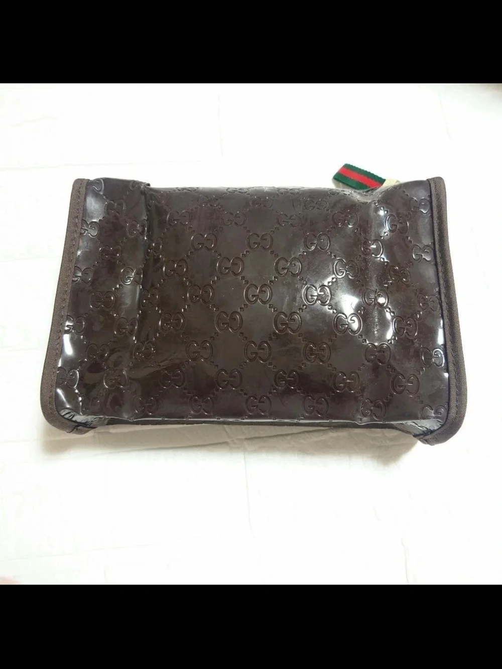 Gucci Brown Patent GG Embossed Cosmetic Pouch with Web Zip Pull